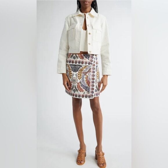 FARM Rio Jackets & Blazers - FARM Rio White Tweed Crop Jacket Textured Cotton Gold Button Coastal Boho Size M